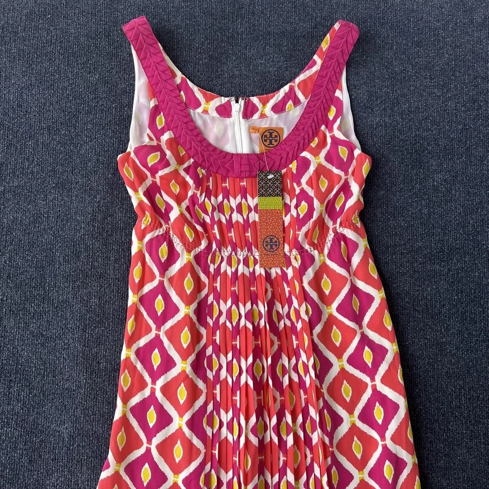 Tory Burch Dress Womens 10 Pink‎ Diamond 981 Fiora Sleeveless Pleated Ikat Lined